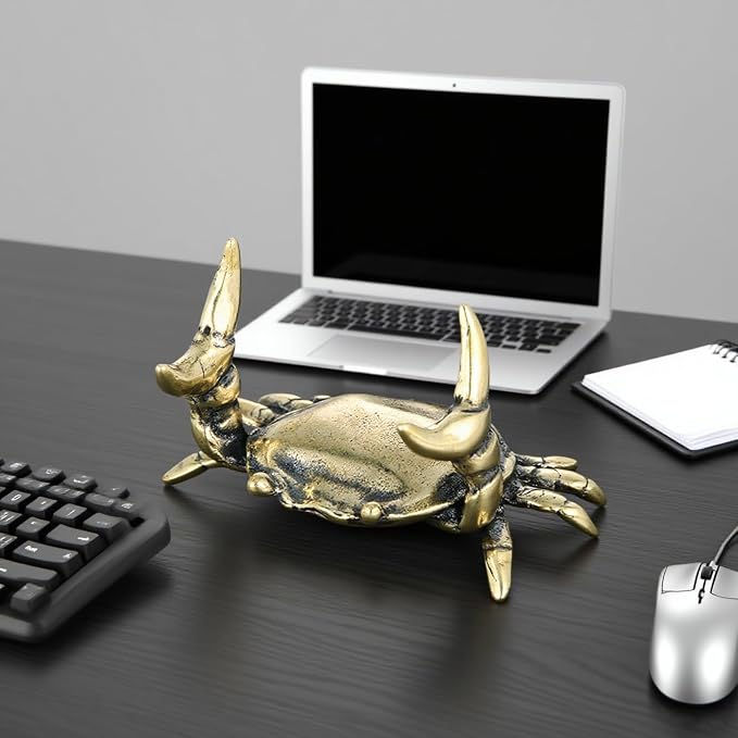 Crab Pen Holder,Brass Crabs Figurine,Funny Weightlifting Crabs Desk Pen Stand,Creative Crab Tea Pet,Gold Animal Decor for Office Home Display Bookshelf Decorations (2)