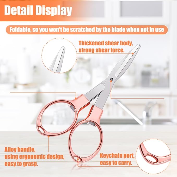 2PCS Folding Scissors, Portable Travel Scissor, Gift for Men Glasses Shaped Mini Shear Telescopic Cutter, Anti Rust Stainless Steel Scissors for Fishing Sewing Home Office-Rose Gold