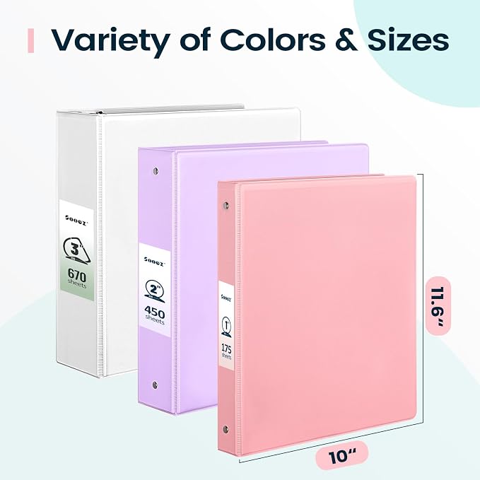 2 Pack BinderX Extra Durable 3 Ring Binder, 1 Inch Binder Round Rings, Fits 350 Sheets of 8.5x11 Paper, Customizable View Cover with Inside Pockets, Cute 1 Inch Binders 3 Ring, Pink & Aqua Blue