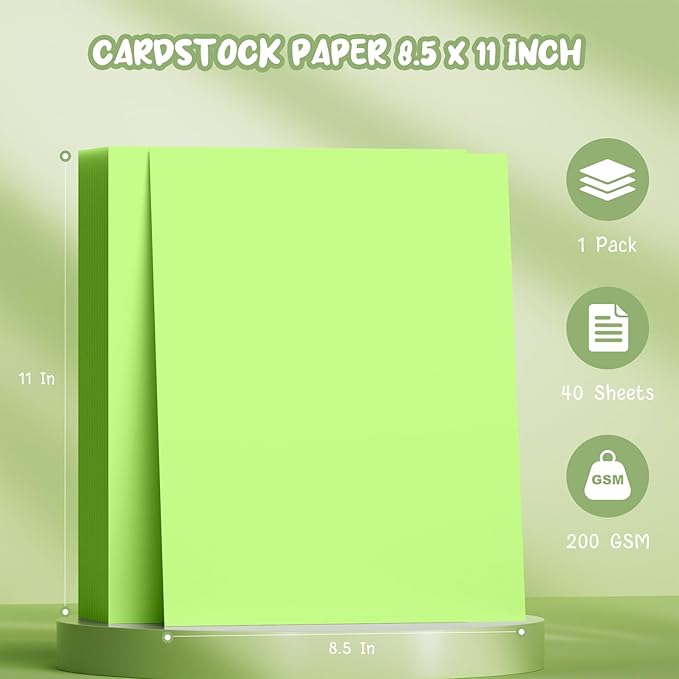 40 Sheets Green Cardstock 8.5 x 11, Green Card Stock Paper, Cardstock Printer Paper 8.5 x 11, 200 GSM Green Construction Paper, Heavy Card Stock for DIY Cards, Invitations, Greeting Cards