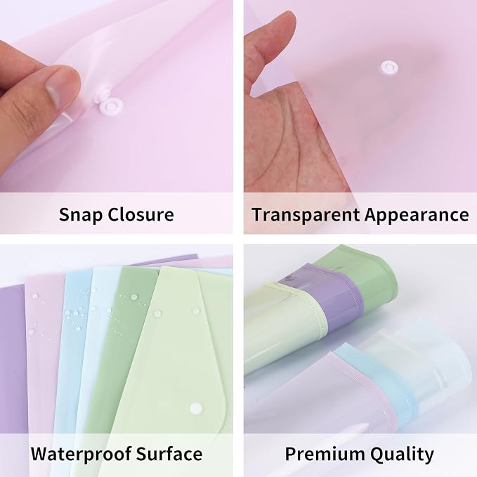 EOOUT 48pcs Plastic Envelopes, Plastic Folders for Documents, Poly Folders with Snap Closure, A4 Size, Letter Size, for School and Office Supplies