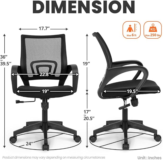 NEO CHAIR Office Computer Chair Ergonomic Mid-Back Mesh Desk Chair, Black | Breathable Mesh Back with Lumbar Support, Height Adjustment, Smooth Rolling Casters for Home Office, Study or Gaming Setup