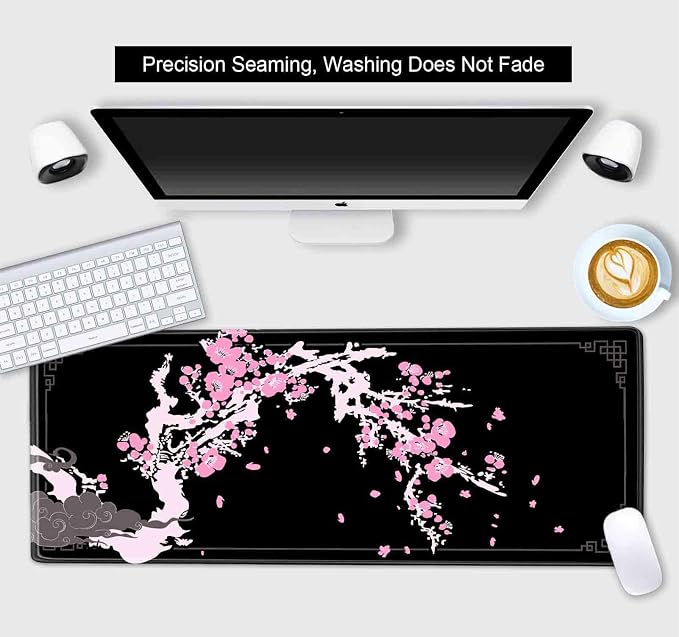 Japanese Pink Cherry Blossom Desk Pad, Black Long Mouse Pad Deskmat, Cute Desk Mat for Desktop, Women Computer Laptop Protector Writing Pads for School Office, 31.5 X 11.8 in- Sakura Flowers