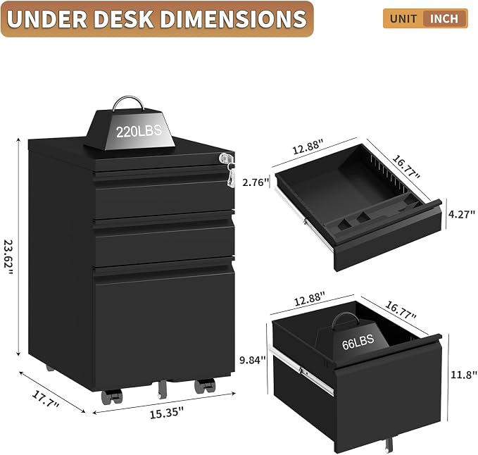 3 Drawer Small Under Desk Rolling File Cabinet with Lock for Home Office | Fully Assembled,Central Locking System,Metal,Pencil Tray,Hanging File Bar,Anti-Tipping Caster