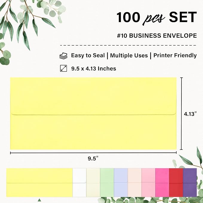 100 Pack #10 Colored Envelopes Letter Size Self Seal Business Envelopes | Colorful Security Mailing Envelopes, 4 1/8 x 9 1/2 Inches
