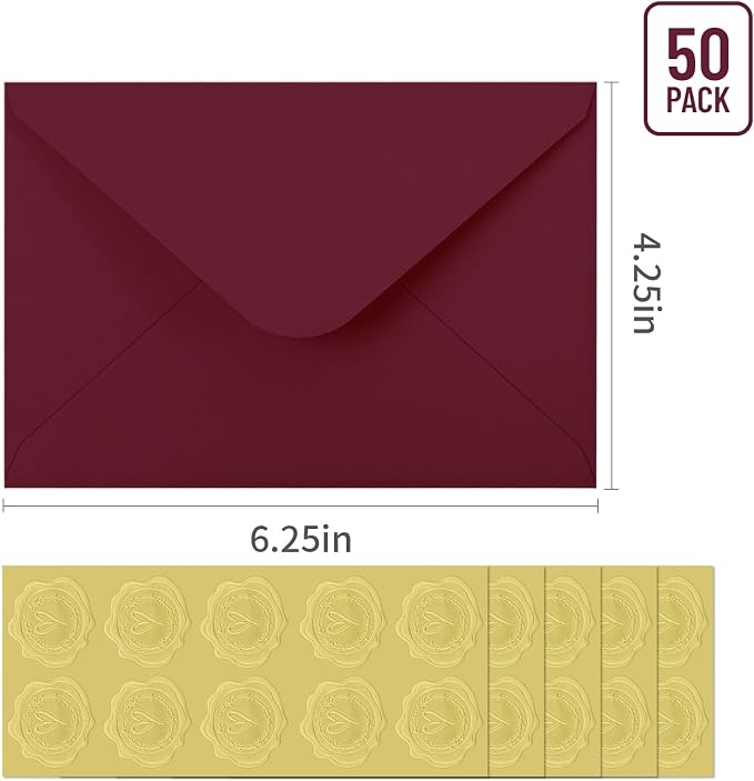 50 PCS Burgundy Colorful A4 Envelopes,4x6 Envelopes for Invitations | 4x6 Envelopes for Greeting Cards, Great for Invitations, Wedding Invitation, Birthday, Baby Shower, Graduation