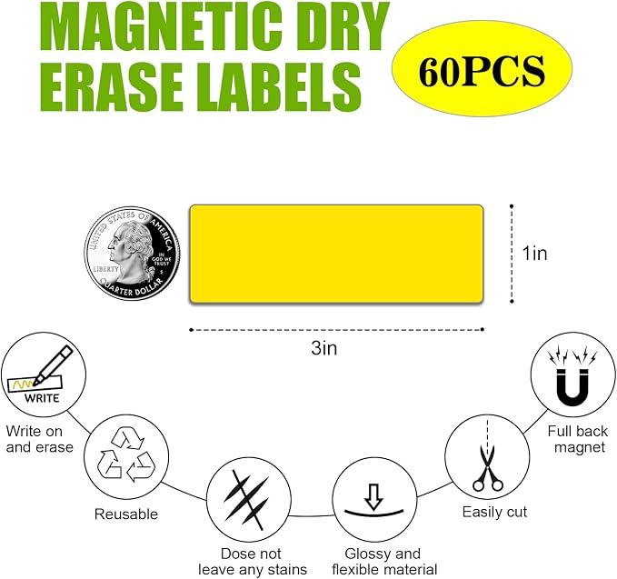 STTMGN Dry Erase Magnetic Labels (1x3,Pack of 60),Write On Magnets Sticker,Waterproof/Reusable for Classroom&Office&Cabinet&whiteboard&Fridge&More (Blue)