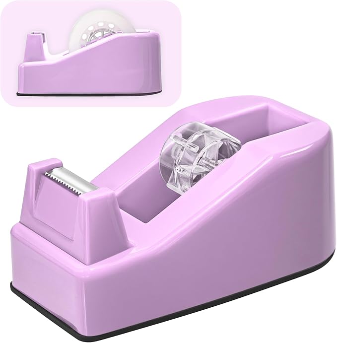 Desktop Office Tape Dispenser, Fits Standard 1-Inch Core Tapes, Weighted Non-Slip Base, Sharp Metal Blade, Smooth Cutting, Adhesive Roll Holder for Office, School, Shop, Home, Business - Purple