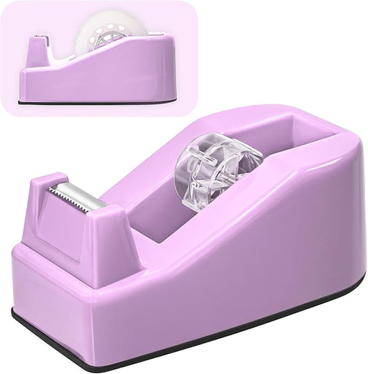 Desktop Office Tape Dispenser, Fits Standard 1-Inch Core Tapes, Weighted Non-Slip Base, Sharp Metal Blade, Smooth Cutting, Adhesive Roll Holder for Office, School, Shop, Home, Business - Purple