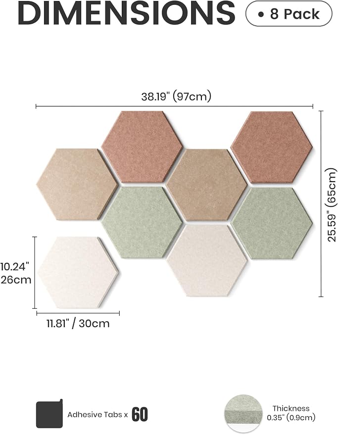 Fluxynara 8-Pack Hexagon Felt Bulletin Board Tiles, Boho-1 | Cork Board Alternative with 50 Adhesive Tabs for Notes, Photos and Reminders in Home Offices, Dorm and Classrooms