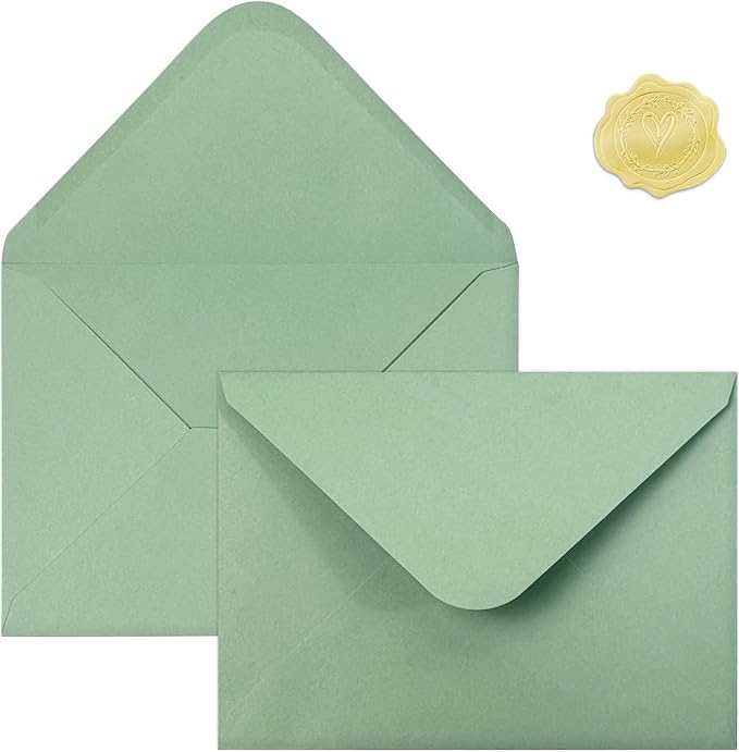100 PCS Sage Green Colorful A7 Envelopes with Stickers, 5x7 Envelopes for Greeting Cards, Great for Invitations, Wedding Invitation, Birthday, Baby Shower, Graduation