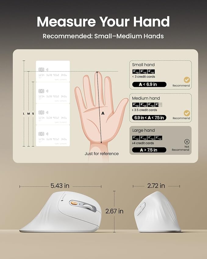 ProtoArc EM11 NL Wireless Ergonomic Vertical Mouse, White | 58° vertical design supports a natural wrist posture; connect 3 devices via Bluetooth/2.4G USB-A; 500mAh USB-C rechargeable.