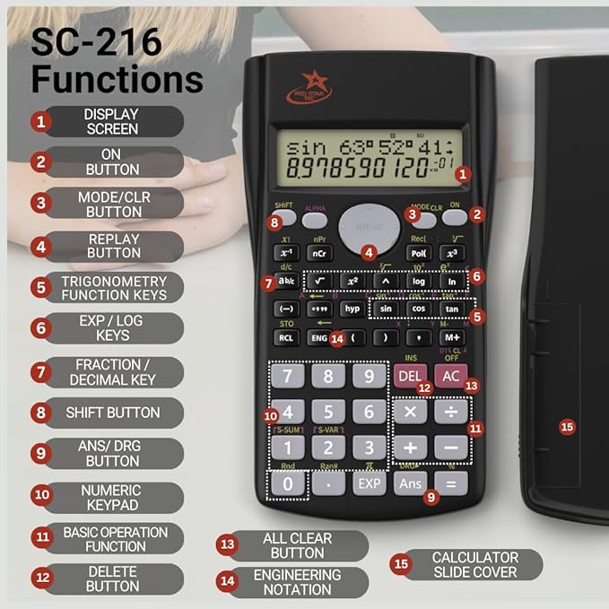 SC 216 Non Graphing Scientific Calculator for School by Red Star Tec (6 Pack Bundle)