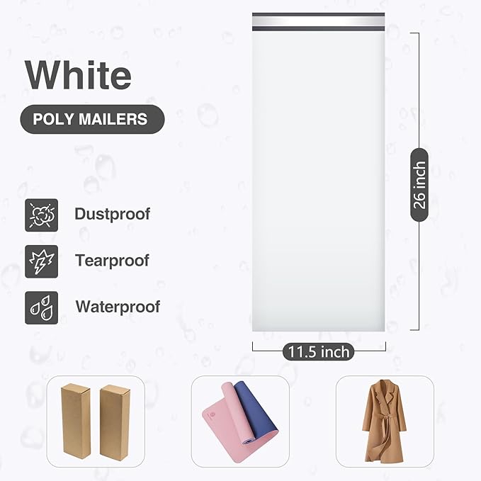 UCGOU 11.5x26 Long Poly Mailers White Shipping Bags Self-Sealing Waterproof and Tear-Proof Shipping Envelope for Small Business Envelopes Bag for Unique Items Long Mailers Poly Bags 50 Pack