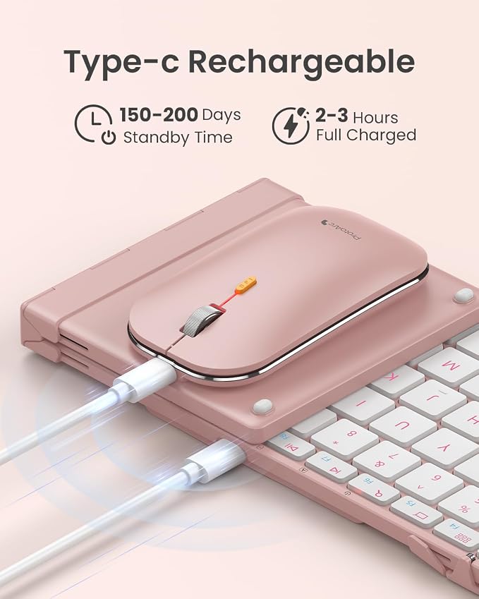 ProtoArc XKM01 Full-Size Foldable Keyboard Mouse Combo for Travel - Pink | 105-key keyboard, slim mouse, hard case and phone stand; 3-device Bluetooth & 2.4G switching, for travel office use