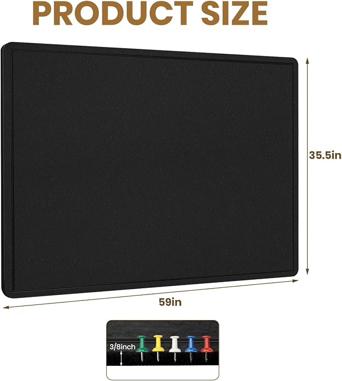 Large Bulletin Board 60" x 36" Felt Cork Board - Decor Pin Board, Black | Cork Board Alternative for Wall, Foldable Self-Adhesive Vision Board Prayer Board with Pushpins for Home Office Classroom