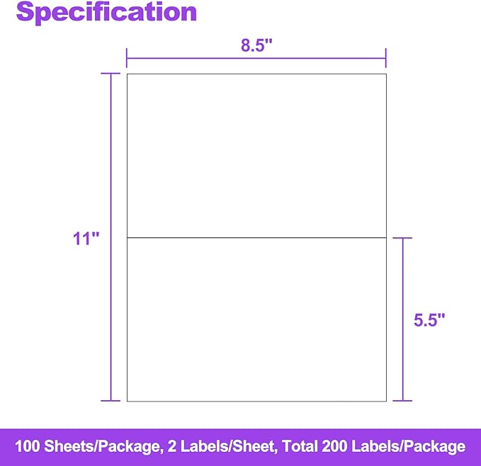 200 Half Sheet Shipping Labels 8.5x5.5 Inch 100 Sheets 2 per Page Self Adhesive White Mailing Labels for Laser Inkjet Printer, 5 1/2 x 8 1/2 Half Sheet Labels