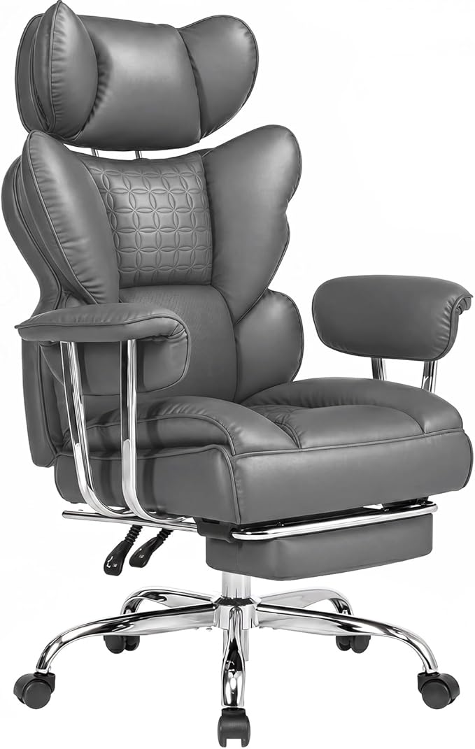 DUMOS Big and Tall Home Office Desk Chair, Executive Chair with Footrest | Scratch-Resistant PU Leather, Ergonomic Reclining, Pocket Spring Support, 400 LBS Weight Capacity, Grey