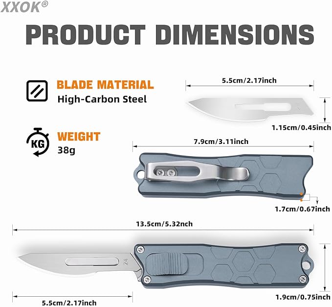 XXOK Utility knife with clip retractable box cutter EDC knife with 10 razors small Pocket knives with sharp carbon steel replacement blade # 24 Grey