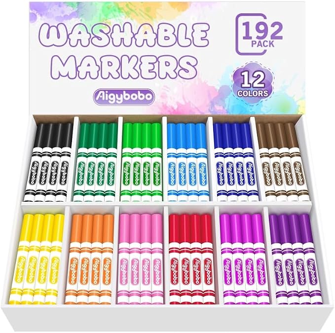 192 Count Washable Markers Bulk, Coloring Markers for Kids, 12 Colors | Broad Line Conical Tip, Back to School Supplies, Teacher Classroom Must Haves, Classroom Essentials & Art Supplies & Prizes