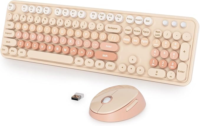 Wireless Keyboard and Mouse Set, Retro Typewriter Keyboard Brown | 1600DPI Full Size With Number Pad & Mouse,Compatible With All Windows,Ideal For Computer, PC, Notebook, Laptop