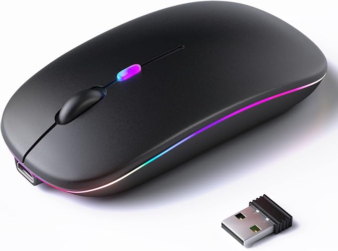 Wireless Bluetooth Mouse – Rechargeable, Silent, Dual Mode (Bluetooth 5.2 & USB) with LED Lights – Portable for Laptop, Desktop, & Tablet(Black)