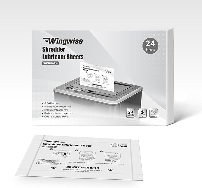 24-Pack Shredder Lubricant Sheets, 8.5 x 6 Inches, Sharpens Blades & Prevents Jams, Mess-Free Maintenance for Home and Office Use