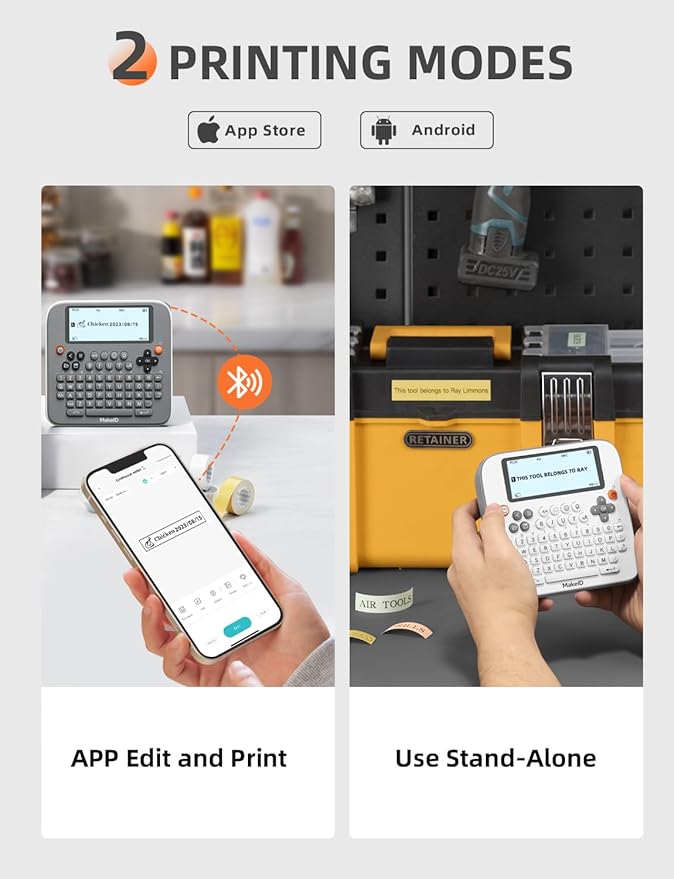 Makeid E1 Portable Label Maker - Bluetooth Compatible Thermal Printer - QWERTY Keyboard, 4.42" LCD Screen - Prints 9mm, 12mm, 16mm Clear Waterproof Sticker Labels - Includes USB Cable