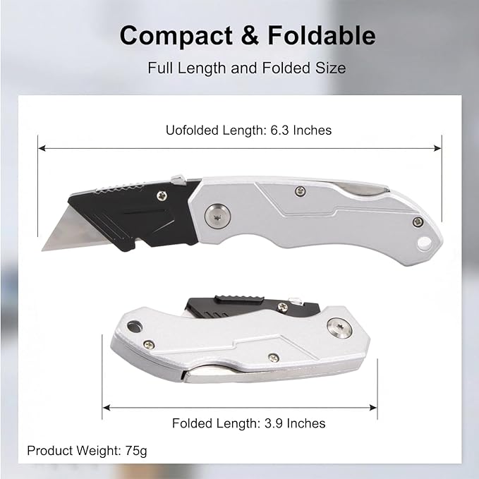 (2-Pack) Heavy Duty Folding Utility Knife with 10 Extra Blades, Box Cutter with Belt Clip for Cardboard, Carton, Carpet Cutting, Aluminum Alloy Anti-slip Handle, Quick Replace Blade