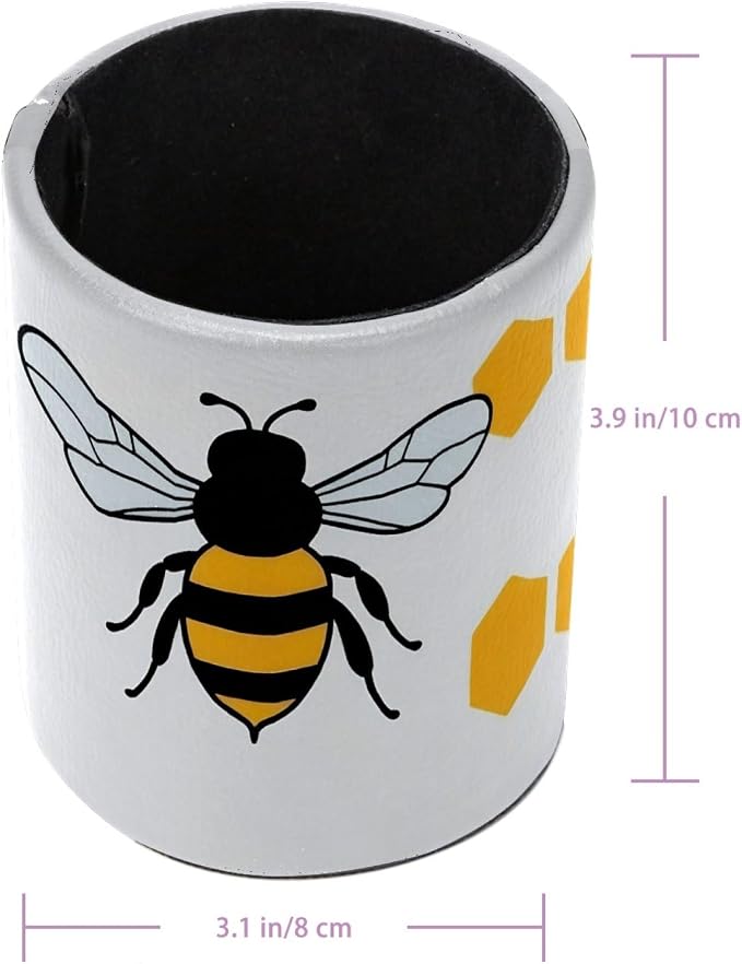 Leather Pen Holder for Desk, Cartoon Bee Pencil Cup Pen Organizer Makeup Brush Holder for Office Home Kids Countertop Desk Accessory Storage