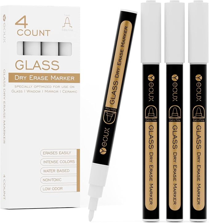 YEOUX Dry Erase Markers for Glass Board | No Residue | Whiteboard Markers | 1mm Ultra-Fine Tip Liquid Chalk Markers 4 Pack (White)