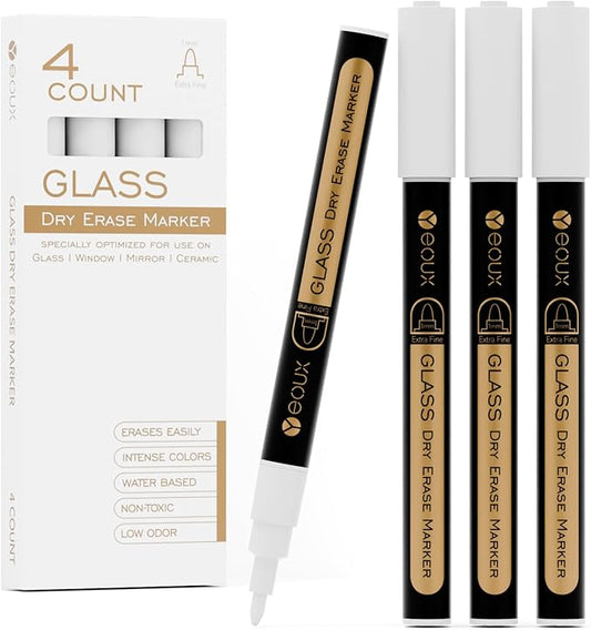 YEOUX Dry Erase Markers for Glass Board | No Residue | Whiteboard Markers | 1mm Ultra-Fine Tip Liquid Chalk Markers 4 Pack (White)