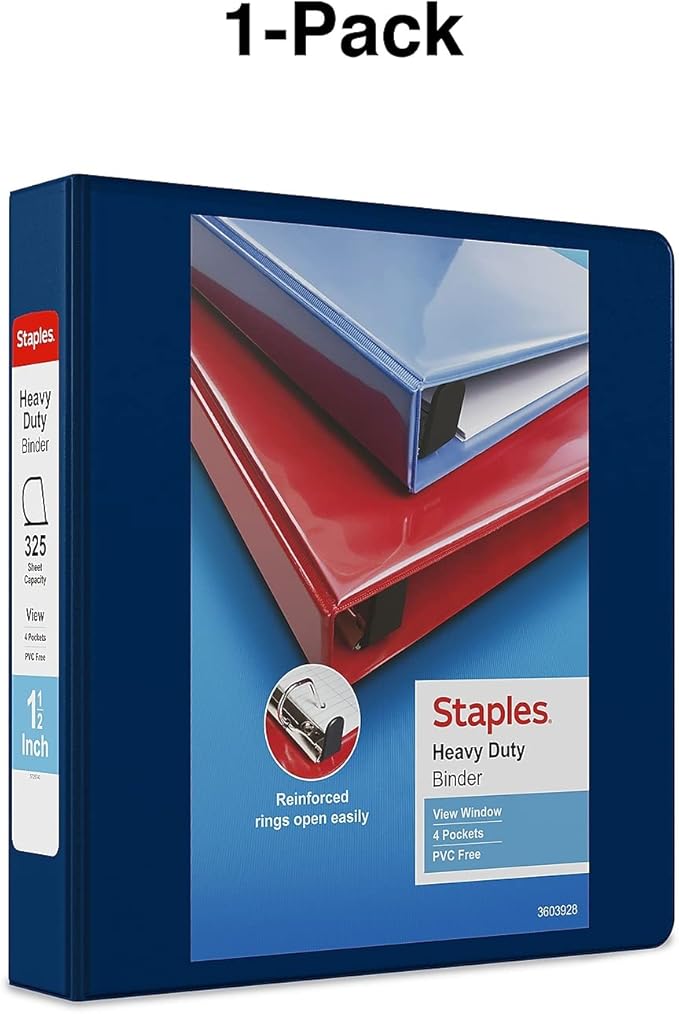 Staples Heavy-Duty 1.5-Inch D-Ring View Binder, Reinforced Spine, Holds Up to 350 Sheets, Blue, for Office & School