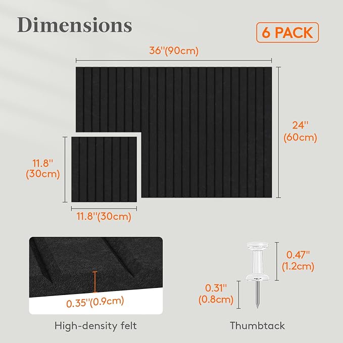 Lifewit Large Felt Bulletin Board with Self-Adhesive 36" x 24"- 6 Pack | Cork Board for Walls Alternative, Notice Boards with 30 Pushpins, Bulletin Board for Classroom Home Office Decor, Black