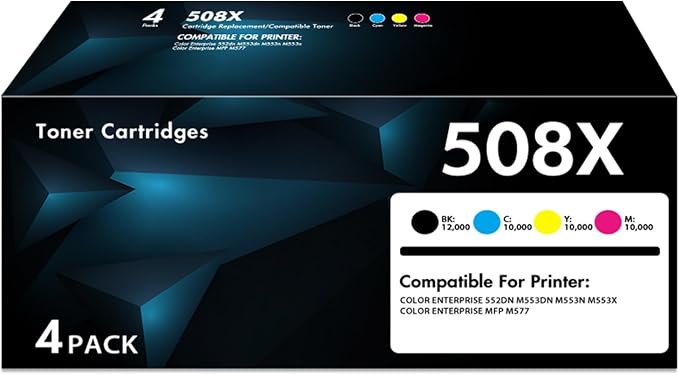 M553 508X Toner Cartridge Set 4-Pack Compatible for HP 508X 508A M552dn | Compatible for HP508X CF360A CF360X CF361X CF362X CF363X for LaserJet Color M552dn M553dn M553n M553x MFP M577 Printer Ink