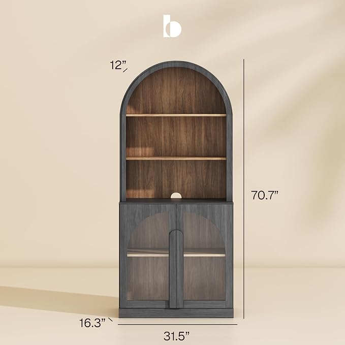 BELLEZE Arched Bookshelf with Glass Doors, 71" Tall Wood Display Cabinet with Adjustable Shelf and Hutch, 5 Tier Modern Bookcase Shelf with Storage for Living Room Office, Ebony