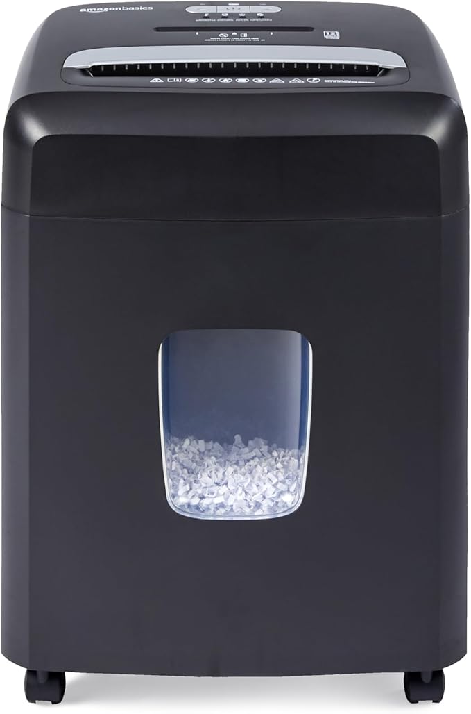 Amazon Basics 12 Sheet High Security Micro Cut Paper, Credit Card and CD Shredder with 6 Gallon Easy Emptying Bin, Casters, Black