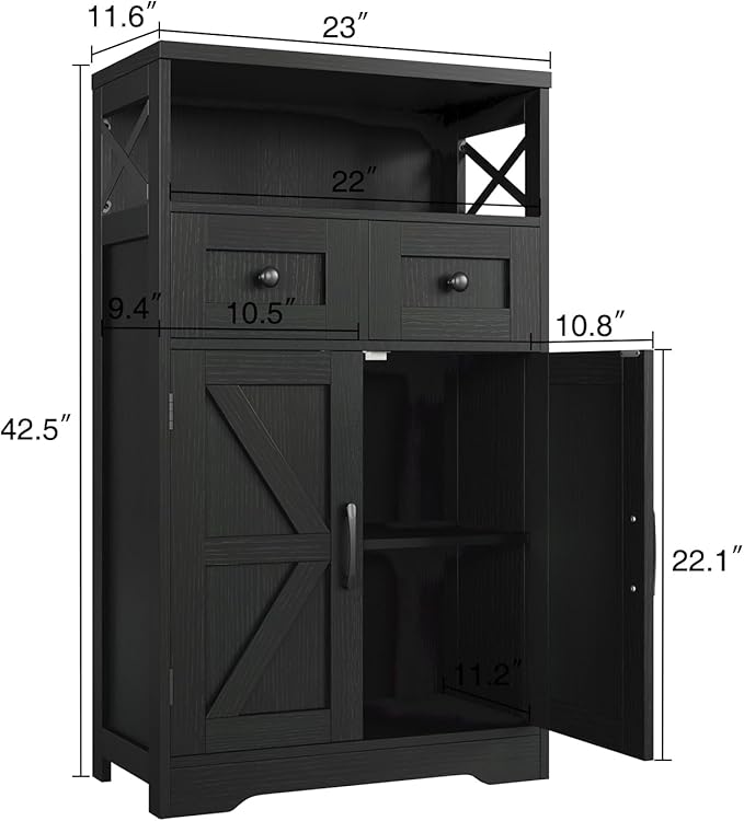 Farmhouse Storage Cabinet with Drawers, Small Kitchen Pantry Cabinet, Black | Accent Coffee Bar Cabinet Cupboard, 2 Drawers, 2 Barn Doors & Adjustable Shelves, for Kitchen/Entryway/Living Room/Bathroom