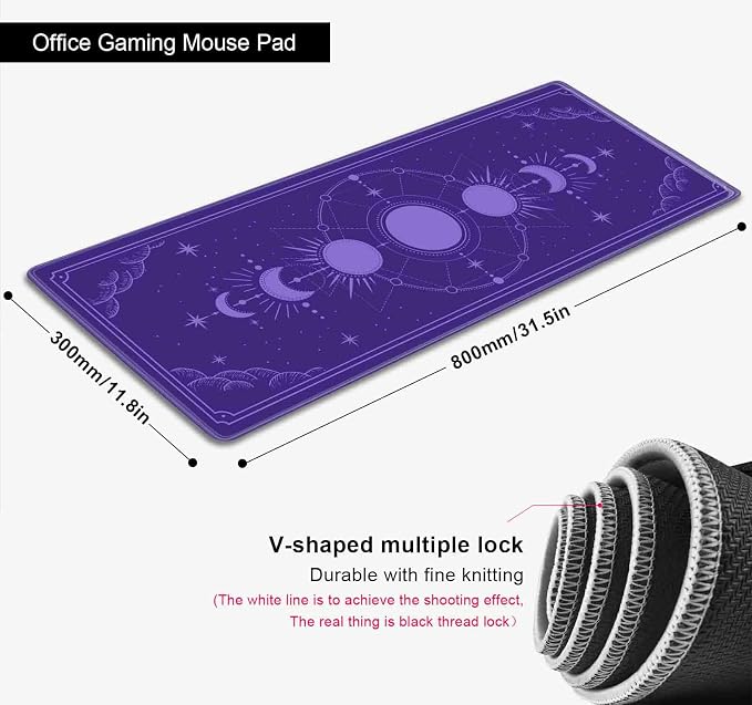 Kawaii Purple Large Gaming Mouse Pad, Moon Phase Magic Celestial Desk Mat Cute, Non-Slip Rubber Computer Mousepad, Laptop Desk Pad, 31.5x11.8 in