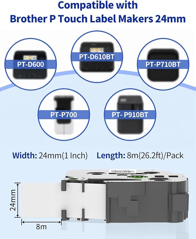 TZe-251 Label Maker Tape 24mm 0.94 Laminated White 1 Inch TZe Tz Tape | TZe251 Replacement for Brother P Touch TZe TZ Label Tape Black on White for PT D610BT D600 700 P710BT PTP750W, 4-Pack