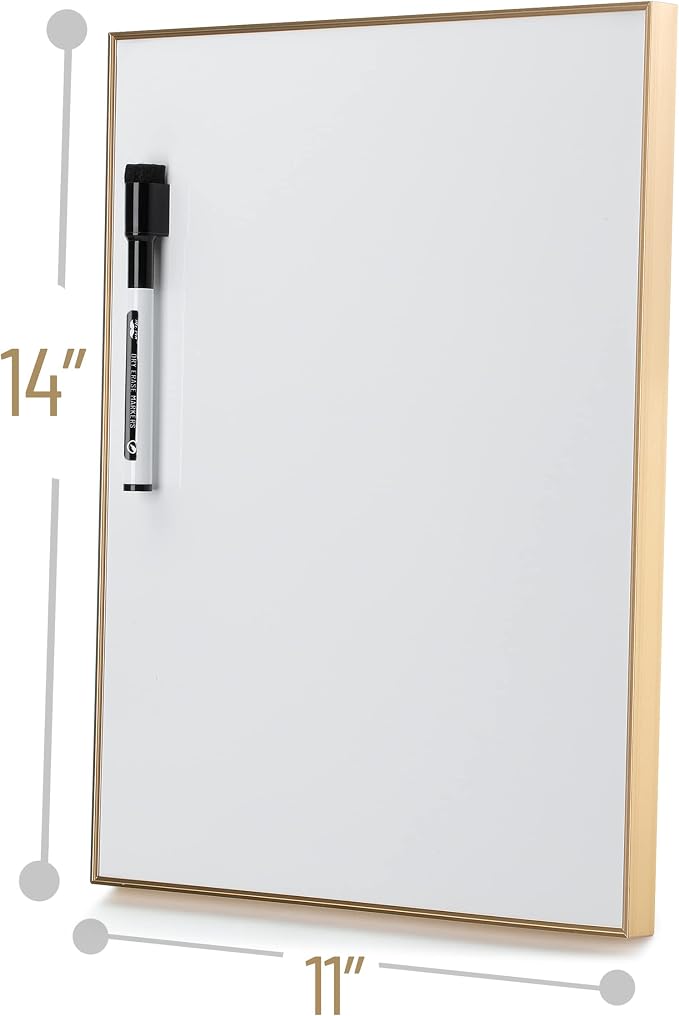 Mr. Pen- Dry Erase Board, 14” x 11” with a Black Dry Erase Marker | Aluminum Frame, Gold, Magnetic Small Mini White Board for Students, Fridge, Wall, Locker, Includes Double Sided Tapes
