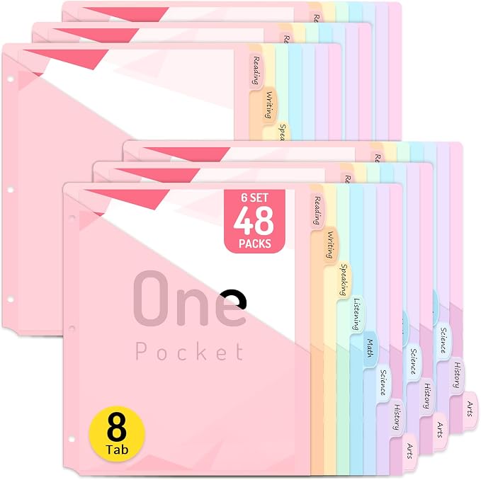 Forvencer 48 Count Dividers for 3 Ring Binder, 8 tabs Binder Dividers | Dividers with Pockets, Binder Dividers with Tabs for School Office and Home Organization, Multicolor, 6 Sets