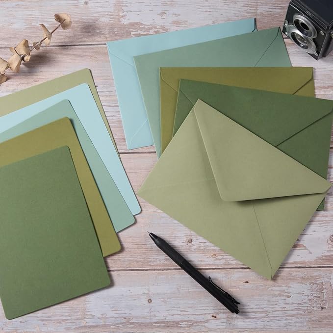 25 Pieces A7 Colored Envelopes with Cards and Stickers Set, Green 5Colors | 5x7 inches Envelopes For Weddings, Invitations, Birthday, Baby Shower