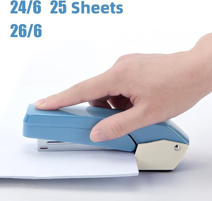 Deli/EZWORK Swing-Arm Swivel Stapler, 25 Sheets Capacity, 360 Degree Rotate Desk Staplers with 1000 Staples for Booklet or Book Binding, Blue+White