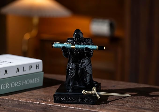 Medieval Templar Vanguard Officer Knight Pen Holder Desk Organizers Black | Pencil Stand Paperweight Desktop Decoration Accessories Cell Phone Stand with a Fancy Sword for Medieval Warrior Enthusiast