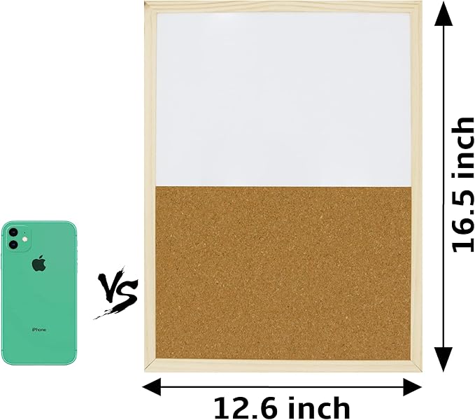 OWLKELA Dry Erase Cork Board, 16.5"x12.6", Wooden Frame | Bulletin Board, with Mounting Hardware, Push Pins included, Ideal for Office, Classroom or Home.