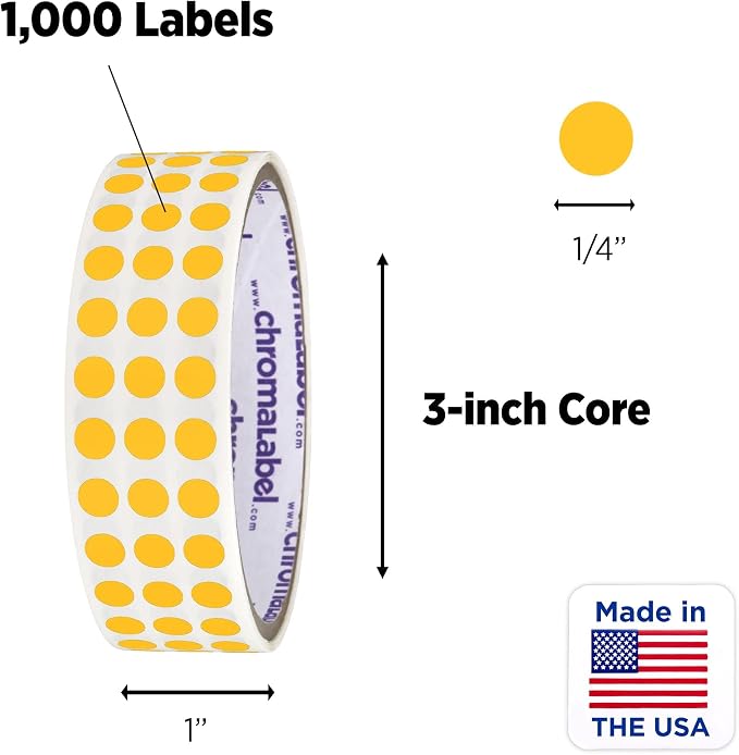 Goldenrod Dot Stickers, 1/4 Inch, 1000/Roll | Writable Semi-Gloss Goldenrod Circle Labels for Offices, Retail and Classrooms. Made in USA