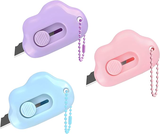Cloud Shaped Retractable Box Cutter Set - 3 Pack with Key Rings,Stainless Steel Blade,Safe & Portable Letter Opener for Envelopes,Package,Mail,DIY,Paper Cutter for Home,Office,Outdoor (3 Color)