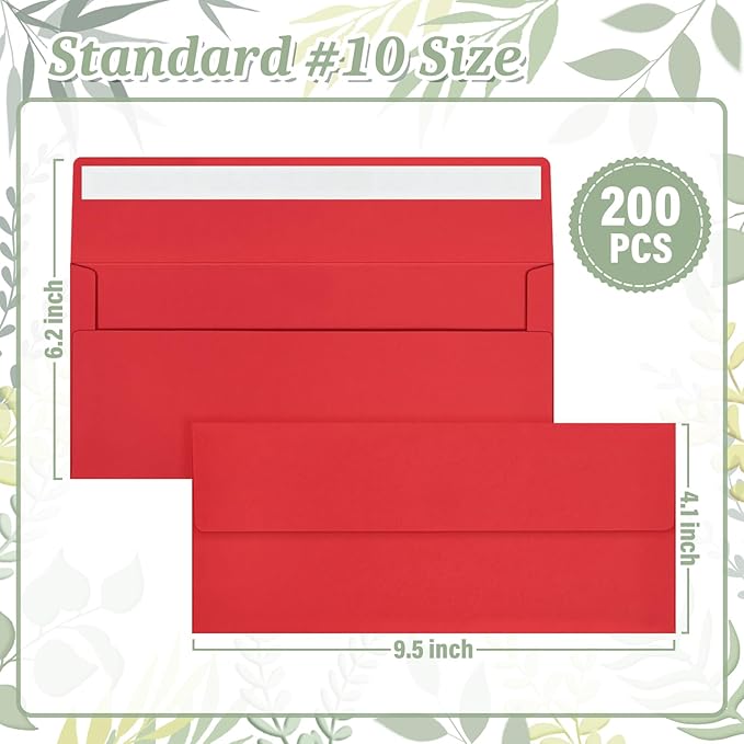 200 Red #10 Business Envelopes, Self Seal Standard Envelopes, Windowless Business Mailing Envelopes for Office, Checks, Letters, Invoices, Statements, Wedding, 4-1/8 x 9-1/2 inch