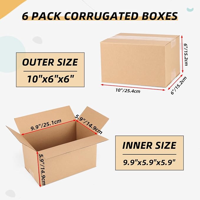 ZBEIVAN Shipping Boxes Mailers 10x6x6 inches Corrugated Cardboard Small Packing Kraft Moving Mailing Box, Pack of 6